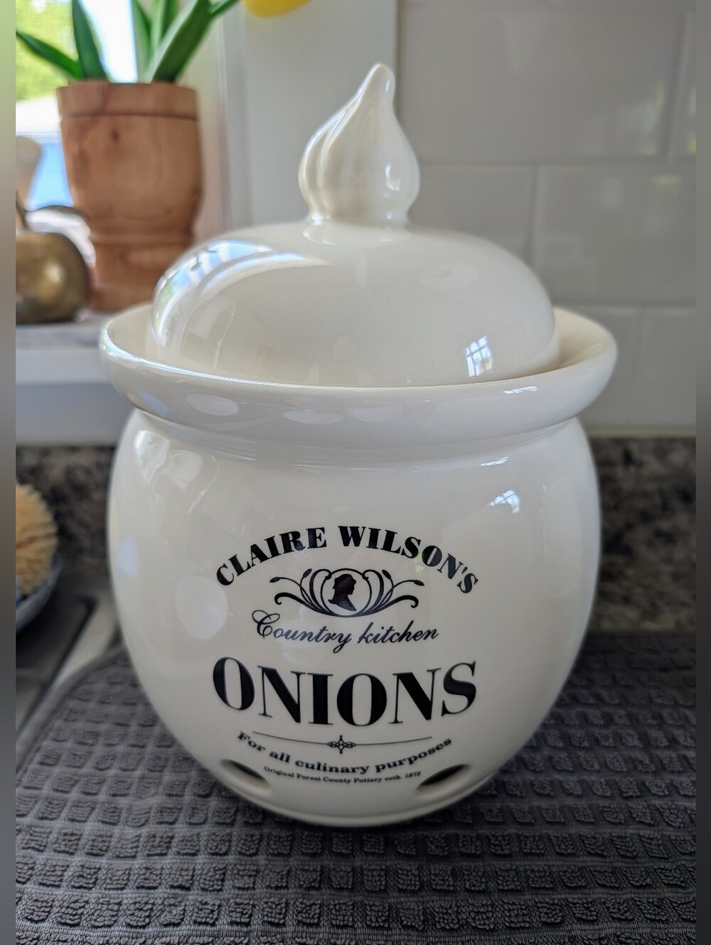 Vintage Claire Wilson's Country Kitchen Onion Storage Canister WLid Cream White